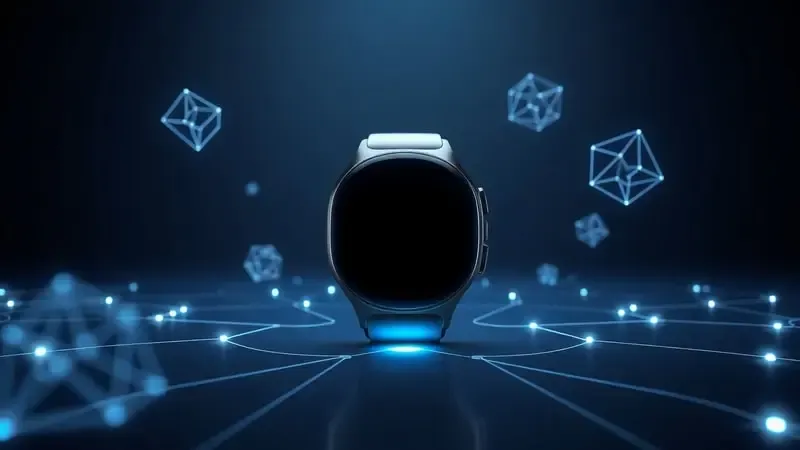 Visualização conceitual de conectividade de smartwatch com elementos abstratos em renderização 3D.