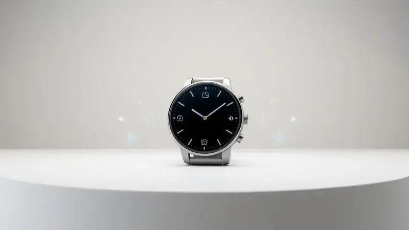 Smartwatch redondo com ícones abstratos de notificações flutuando representando conectividade sem fio em render 3D.