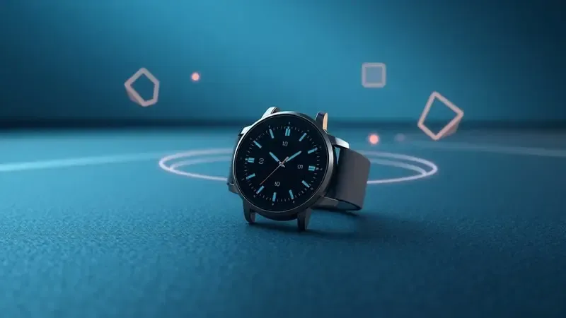 Conceito 3D de smartwatch fitness exibindo ondas de conectividade abstratas e ícones de notificação geométricos flutuantes.