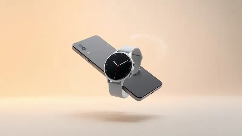 Conceito de conectividade entre smartwatch e smartphone com fluxo de dados luminosos