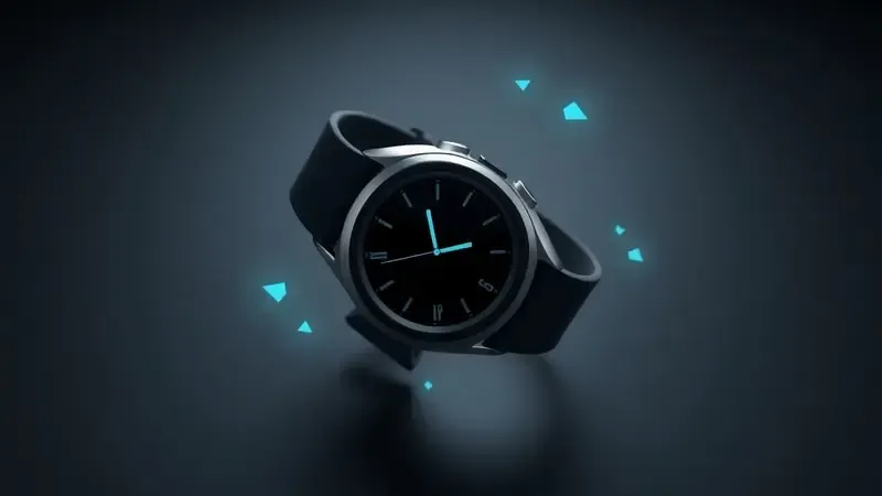 Conceito 3D de smartwatch com ondas de sinal abstratas representando conectividade e suporte a chamadas telefônicas.