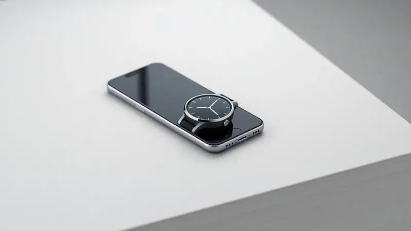 Renderização 3D de smartwatch e smartphone lado a lado em superfície minimalista com luz azul sutil simbolizando conexão sem fio.