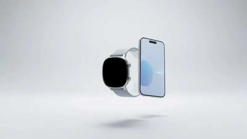 Renderização 3D de smartwatch e smartphone lado a lado com ondas abstratas de conexão representando emparelhamento Bluetooth.