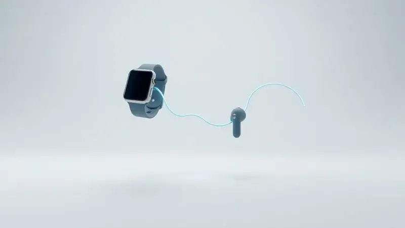 Renderização 3D conceitual de conexão Bluetooth entre smartwatch e fones de ouvido com partículas luminosas