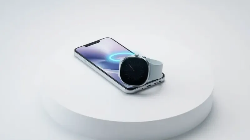 Conexão sem fio entre smartphone e smartwatch em cena conceitual 3D com iluminação profissional