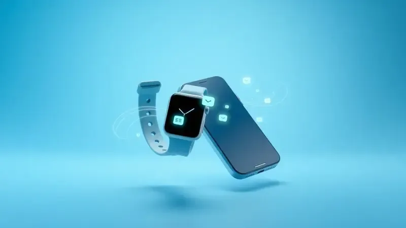 Conexão sem fio entre smartwatch e smartphone com ícones de chat flutuantes em renderização 3D conceitual.