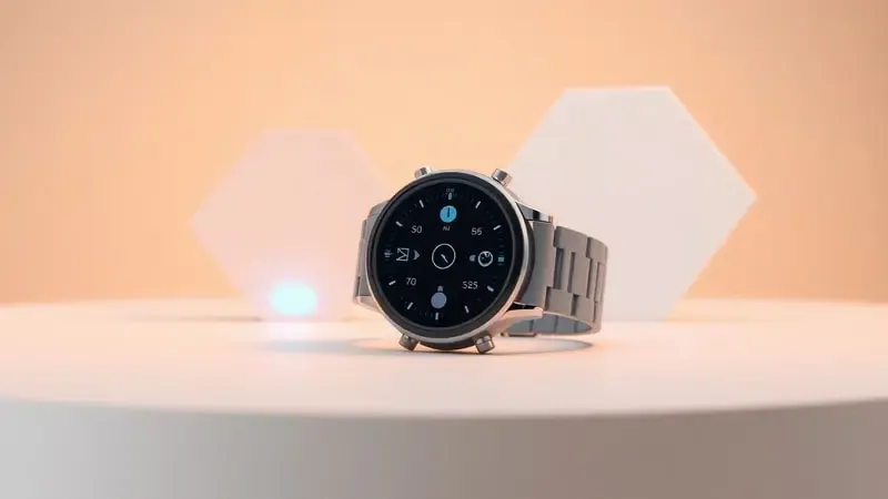 Renderização 3D de smartwatch exibindo interface abstrata de configuração com destaque para ativação do NFC.