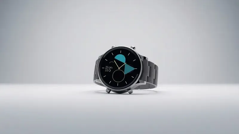Renderização 3D de smartwatch exibindo interface abstrata de configuração inicial com iluminação ambiente suave.