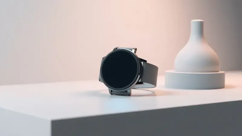 Render 3D conceitual de smartwatch genérico sendo ligado e configurado em ambiente minimalista com luz suave.