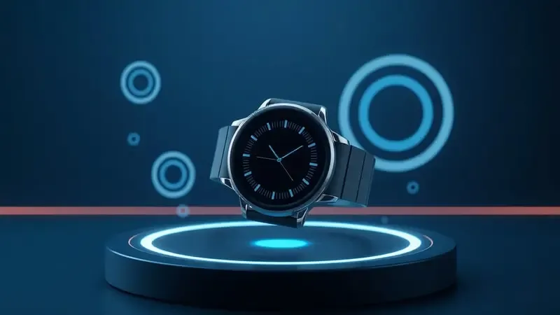 Renderização 3D conceitual de smartwatch com elementos abstratos de desempenho e iluminação tecnológica azul.