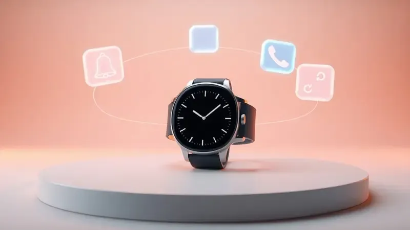 Render 3D conceitual de smartwatch genérico com ícones abstratos de notificações e configurações flutuando ao redor.