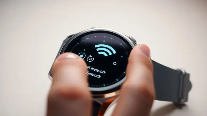 Close-up de smartwatch exibindo interface abstrata de seleção de rede WiFi para primeira configuração
