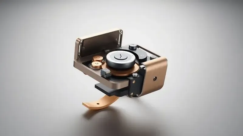 Render 3D conceitual mostrando construção de relógio inteligente com componentes flutuando em vista explodida.