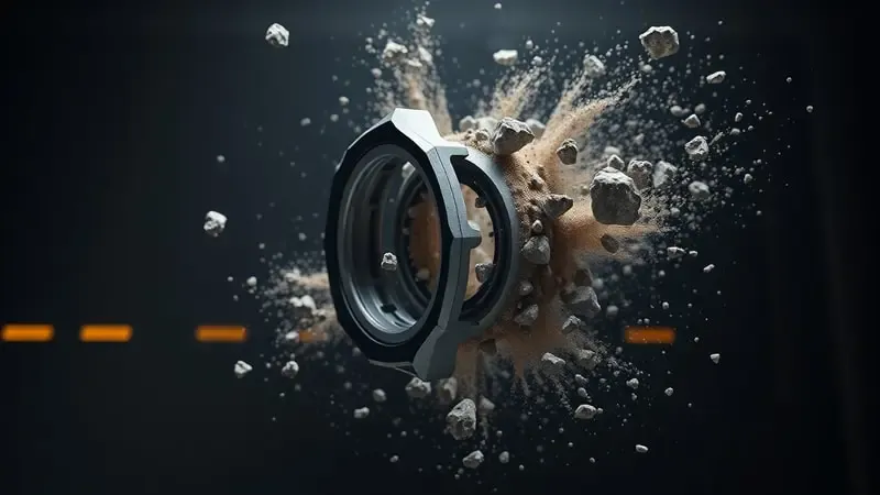 Render 3D conceitual de smartwatch resistente sendo atingido por fragmentos de rocha, demonstrando construção robusta para ambientes hostis.