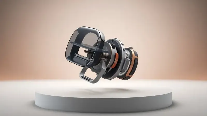 Render 3D conceitual mostrando construção em camadas de um smartwatch moderno com materiais premium e design elegante.