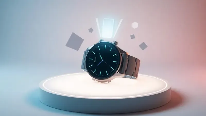 Render 3D de smartwatch genérico com fluxo holográfico de energia representando consumo de bateria sobre plataforma iluminada.