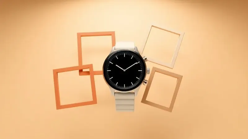 Molduras fotográficas abstratas flutuando ao redor de smartwatch representando criação de colagens em renderização 3D artística