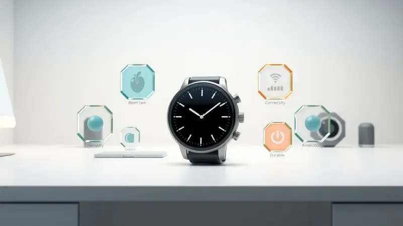 Render 3D conceitual de smartwatch sendo avaliado com ícones abstratos flutuantes representando critérios como bateria e conectividade.