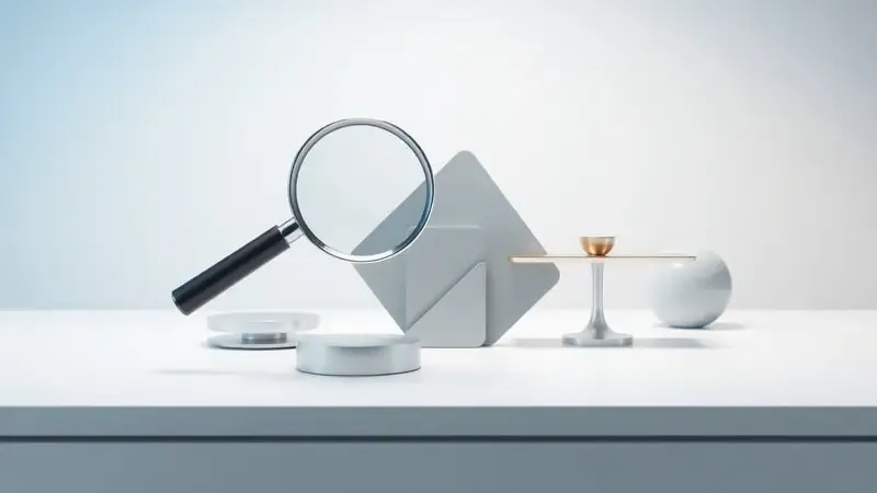 Composição conceitual 3D simbolizando critérios de avaliação de smartwatches com lupa e balança sobre mesa clean