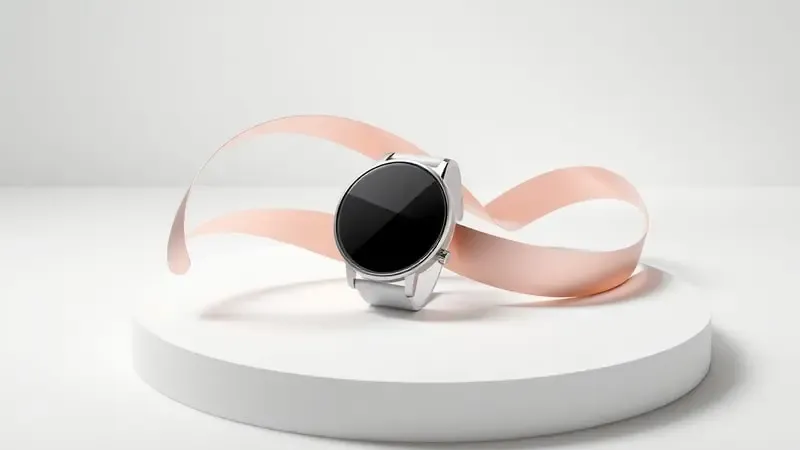 Composição conceitual 3D com formas abstratas em tons de rosa e perolado simbolizando critérios de escolha de smartwatch feminino.