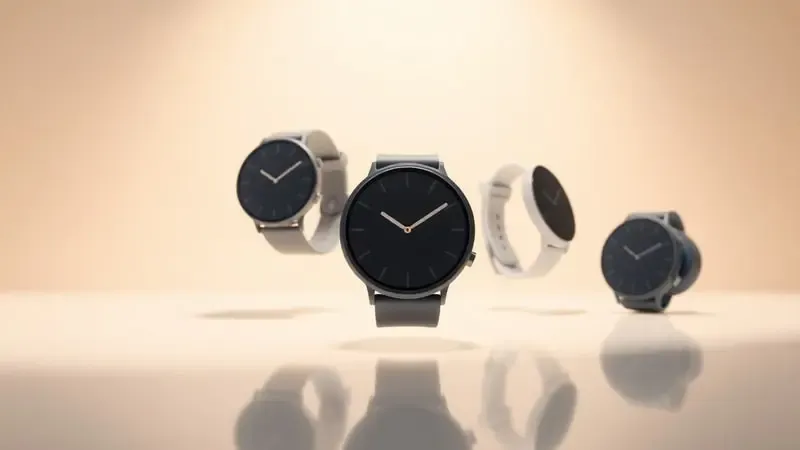 Conceito de comparação entre smartwatches baratos com design minimalista flutuando sobre superfície reflexiva