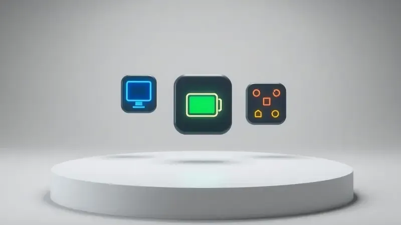 Render 3D de ícones conceituais representando tela bateria e conexão de smartwatch