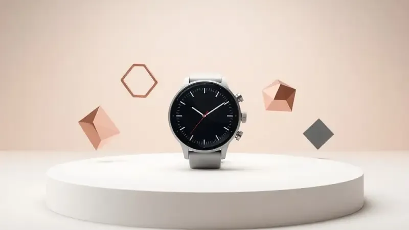 Render 3D conceitual de smartwatch em pedestal minimalista com formas geométricas representando critérios de curadoria e seleção.