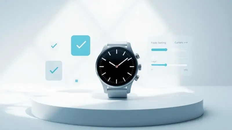 Renderização 3D conceitual de smartwatch com elementos geométricos representando critérios de seleção e escolha