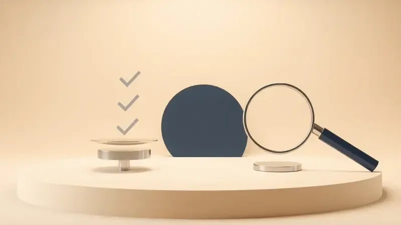 Render 3D conceitual representando processo de avaliação e curadoria com formas geométricas abstratas e iluminação profissional