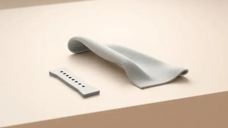 Cuidados e limpeza de pulseiras de smartwatch em composição conceitual 3D com pano de microfibra e superfície neutra.