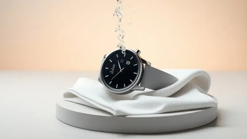 Smartwatch sendo enxaguado sob água corrente doce com pano de microfibra ao lado sobre superfície minimalista em 3D