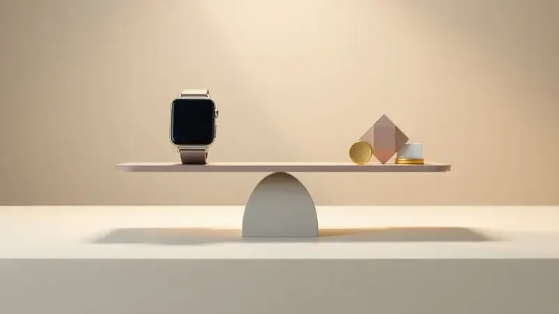 Renderização 3D de balança conceitual representando análise de custo-benefício do conserto de smartwatch, com relógio e elementos abstratos de valor.