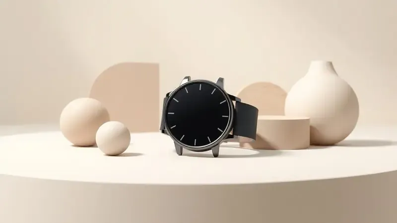 Conceito visual de smartwatch ao lado de formas geométricas abstratas representando valor e qualidade em composição minimalista e equilibrada.
