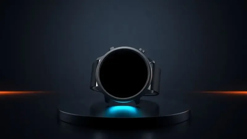 Renderização 3D de smartwatch redondo com indicador circular de energia luminoso representando bateria e eficiência.