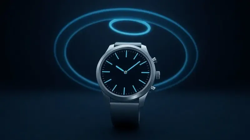 Renderização 3D conceitual de smartwatch com anéis holográficos abstratos representando métricas de desempenho e recursos inteligentes.