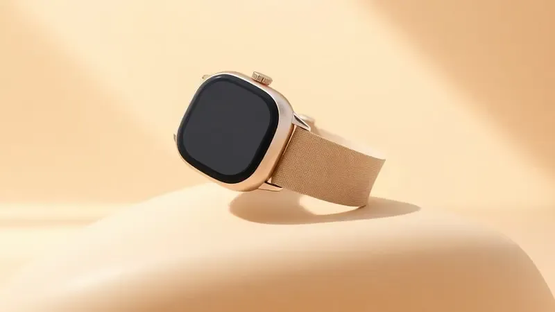 Render 3D conceitual de smartwatch ergonômico flutuando sobre superfície orgânica com iluminação suave e tons cálidos