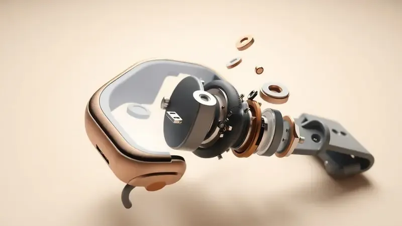 Render 3D em close de smartwatch desmontado artisticamente revelando materiais premium e construção de precisão