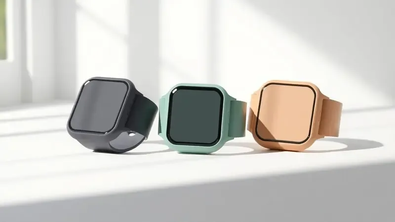 Renderização 3D de smartwatches minimalistas em variações de cores graphite, verde sage e arenito