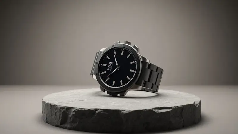 Render 3D de smartwatch robusto e elegante com construção durável sobre superfície de pedra texturizada