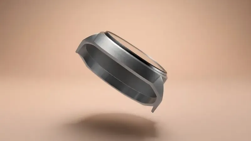 Render 3D em close dos detalhes de construção premium do smartwatch com texturas metálicas escovadas e vidro curvado sob iluminação de estúdio.