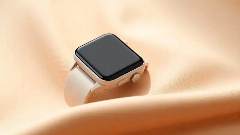 Render 3D de smartwatch com design ergonômico e pulseira confortável em close sobre superfície têxtil neutra e texturizada.