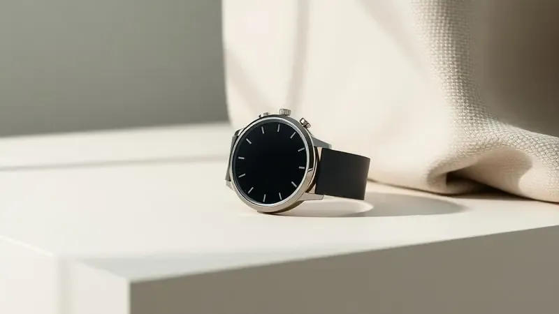 Render 3D de smartwatch elegante com design minimalista sobre superfície fosca e iluminação profissional