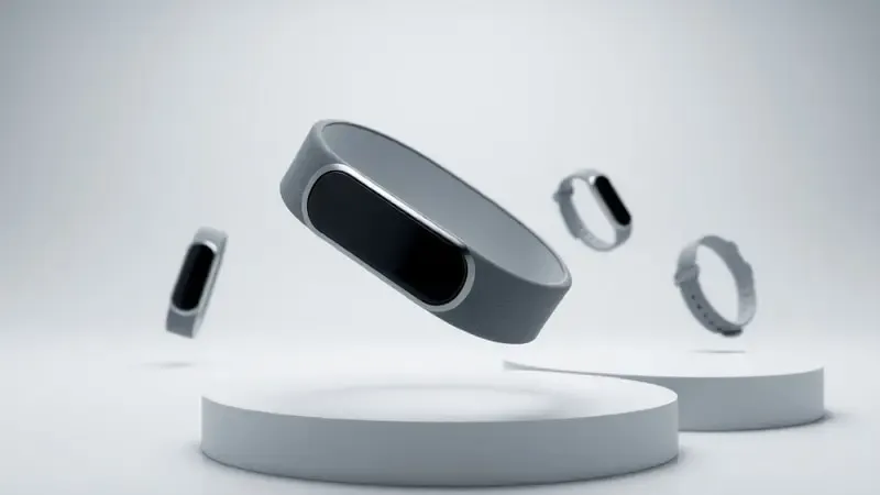 Renderização 3D conceitual de pulseira fitness slim em múltiplos ângulos com paleta de cores neutras e textura fosca sofisticada.
