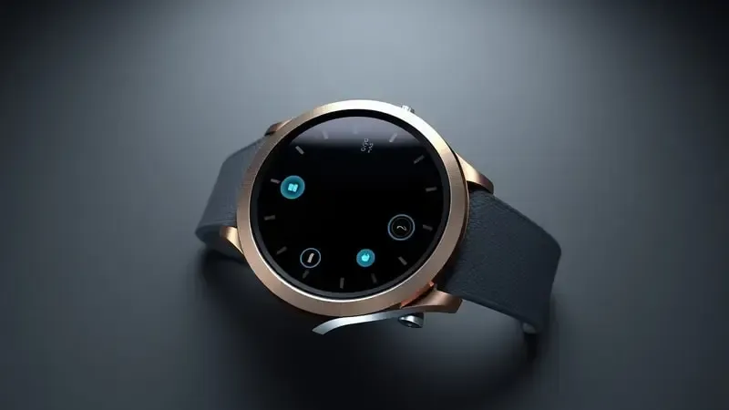 Renderização 3D conceitual destacando design minimalista e materiais premium de smartwatch com iluminação profissional.