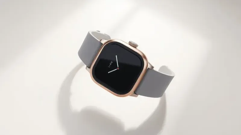 Close-up em renderização 3D de smartwatch moderno sem marca com design elegante, linhas clean e pulseira minimalista em fundo neutro com iluminação suave.