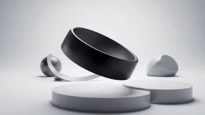 Render 3D conceitual de formas geométricas metálicas representando design moderno de smartwatch com acabamento premium.