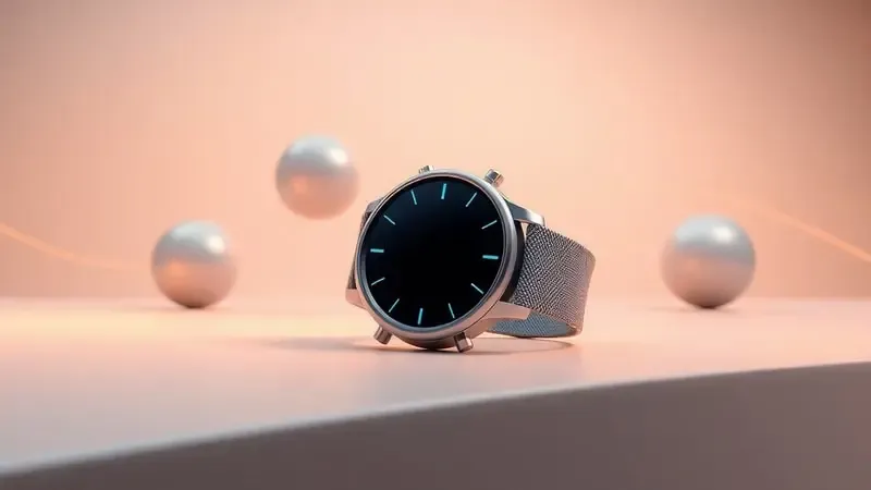 Renderização 3D de smartwatch moderno com design elegante sobre superfície reflexiva e elementos abstratos representando conectividade inteligente.