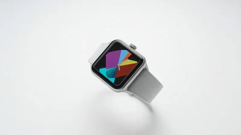 Renderização 3D de smartwatch minimalista genérico com design moderno e tela limpa sobre fundo claro.