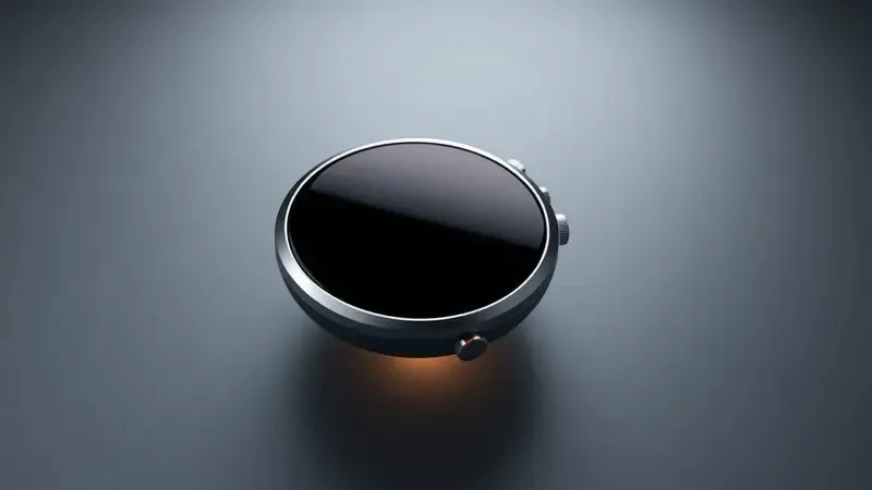 Close-up conceitual do design circular e tela do smartwatch Galaxy Watch 4 com materiais premium