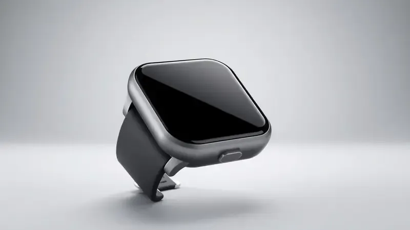 Render 3D de smartwatch moderno com tela retangular ampla, acabamento metálico escovado e pulseira fosca em estúdio profissional